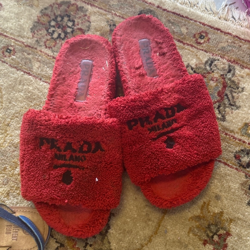 Prada Red Terry Slide Slippers with Logo Strap
